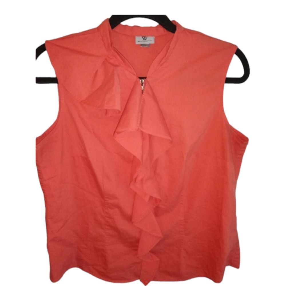 Worthington Vintage  Orange Sleeveless Ruffle  Zipper front  blouse Size L